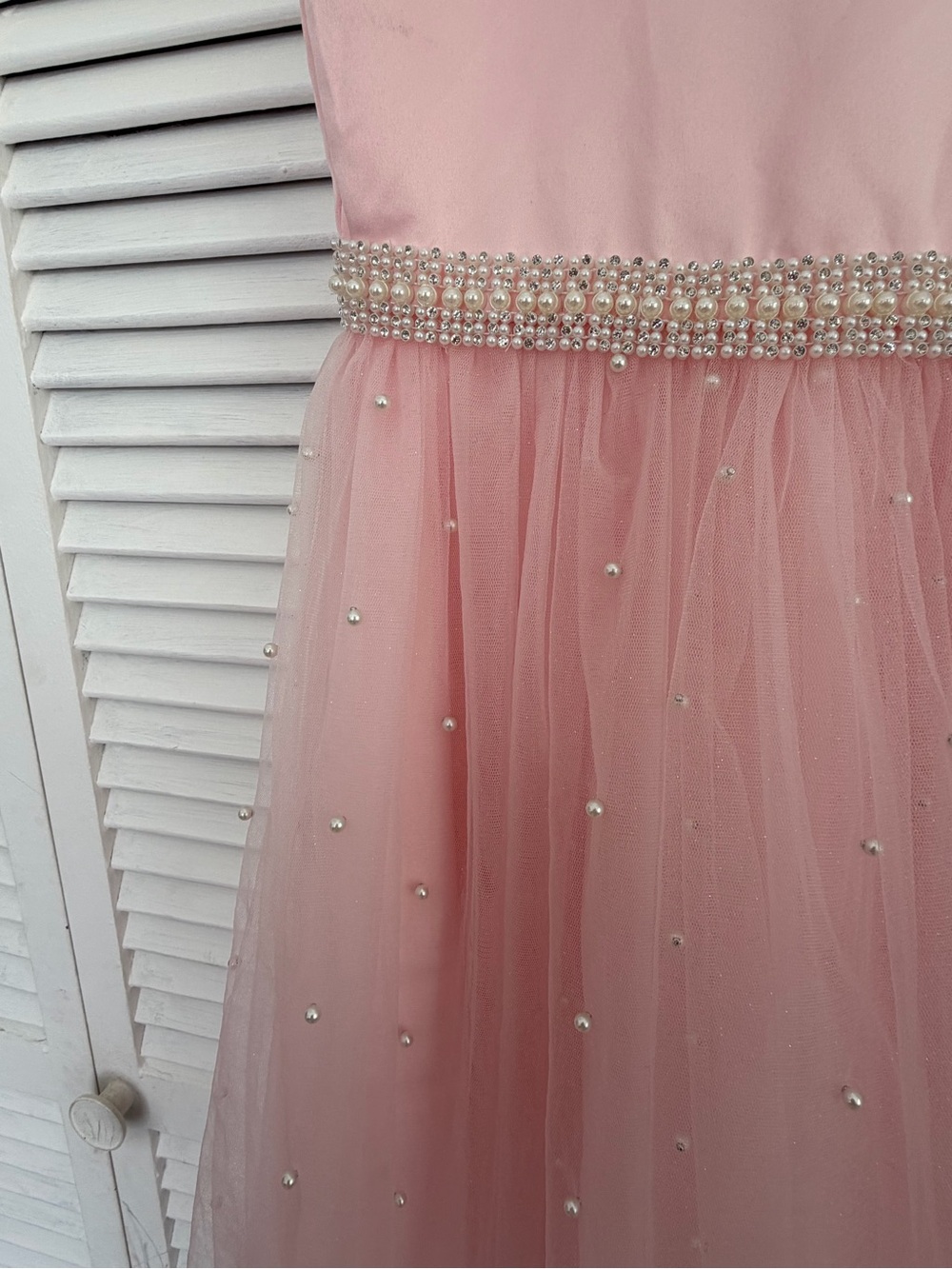 Girls Pink Pearl-Embellished Tulle Party Dress - Picture 5 of 8